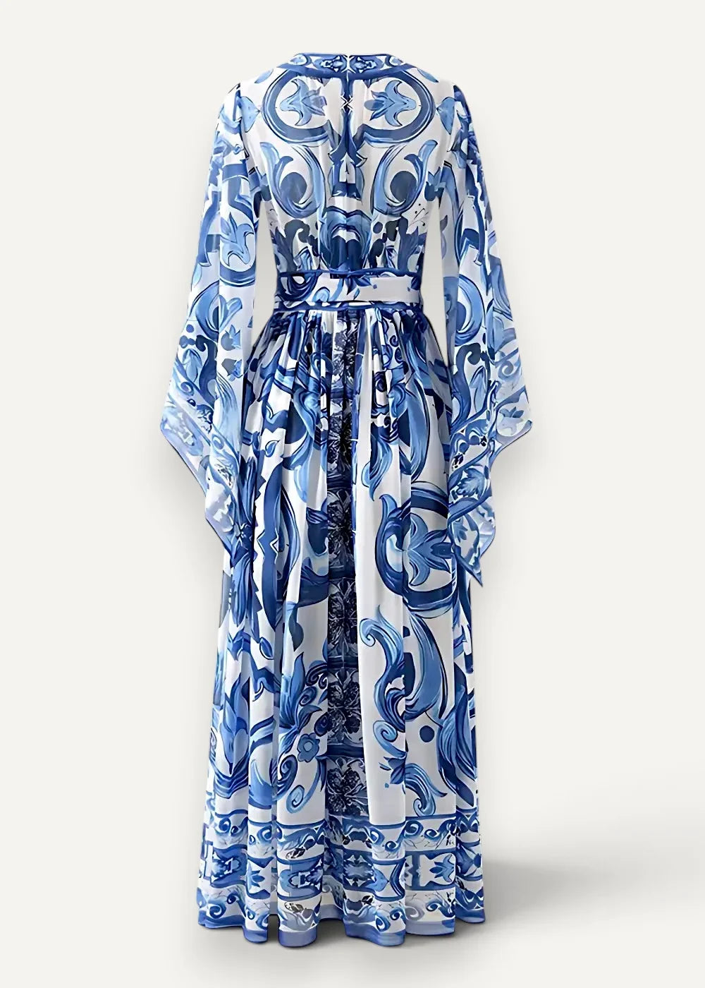 Blue floral kimono dress flowing long sleeved maxi with blue and white porcelain inspired pattern