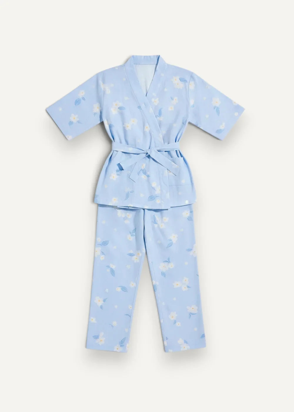 Light blue floral kimono pajama set with subtle pattern and matching belt made from soft fabric for comfortable sleep