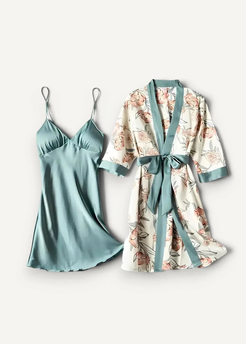 Blue floral nightgown and robe set featuring a soft teal satin nightgown with delicate spaghetti straps and flared skirt