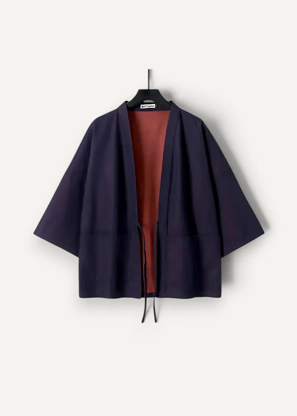Blue haori navy blue open-front kimono with rust inner lining and black drawstring hem for stylish layering