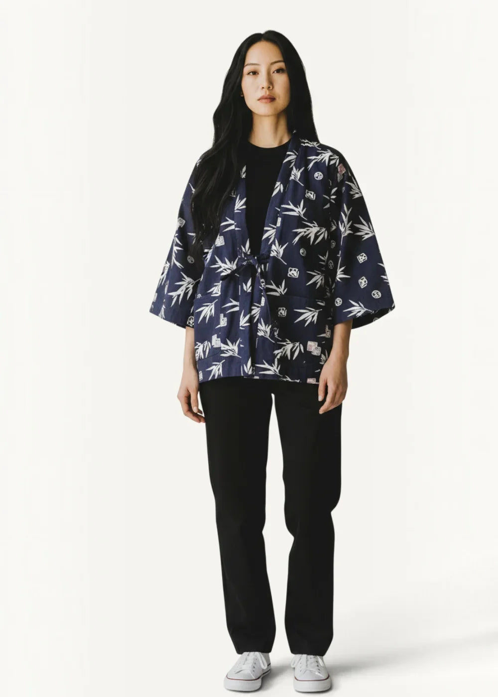 Blue Blue Japan kimono jacket in navy blue with white bamboo leaf pattern wide sleeves and tied waist
