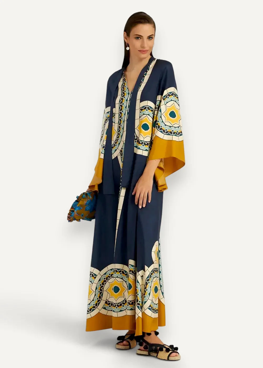 Blue Japanese kimono dress in navy blue and mustard yellow with intricate white teal and gold geometric patterns
