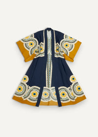 Blue Japanese kimono dress with navy blue fabric and mustard yellow white teal circular patterns on sleeves hem and front panel