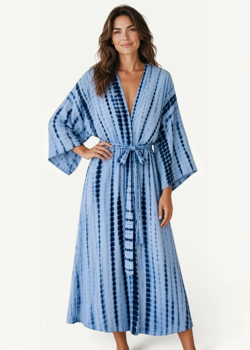 Blue kimono cover up flowing light blue tie dye robe with deep v neckline and wide bell shaped sleeves