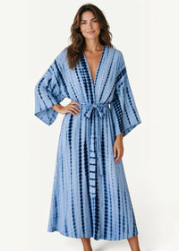 Blue kimono cover up flowing light blue tie dye robe with deep v neckline and wide bell shaped sleeves