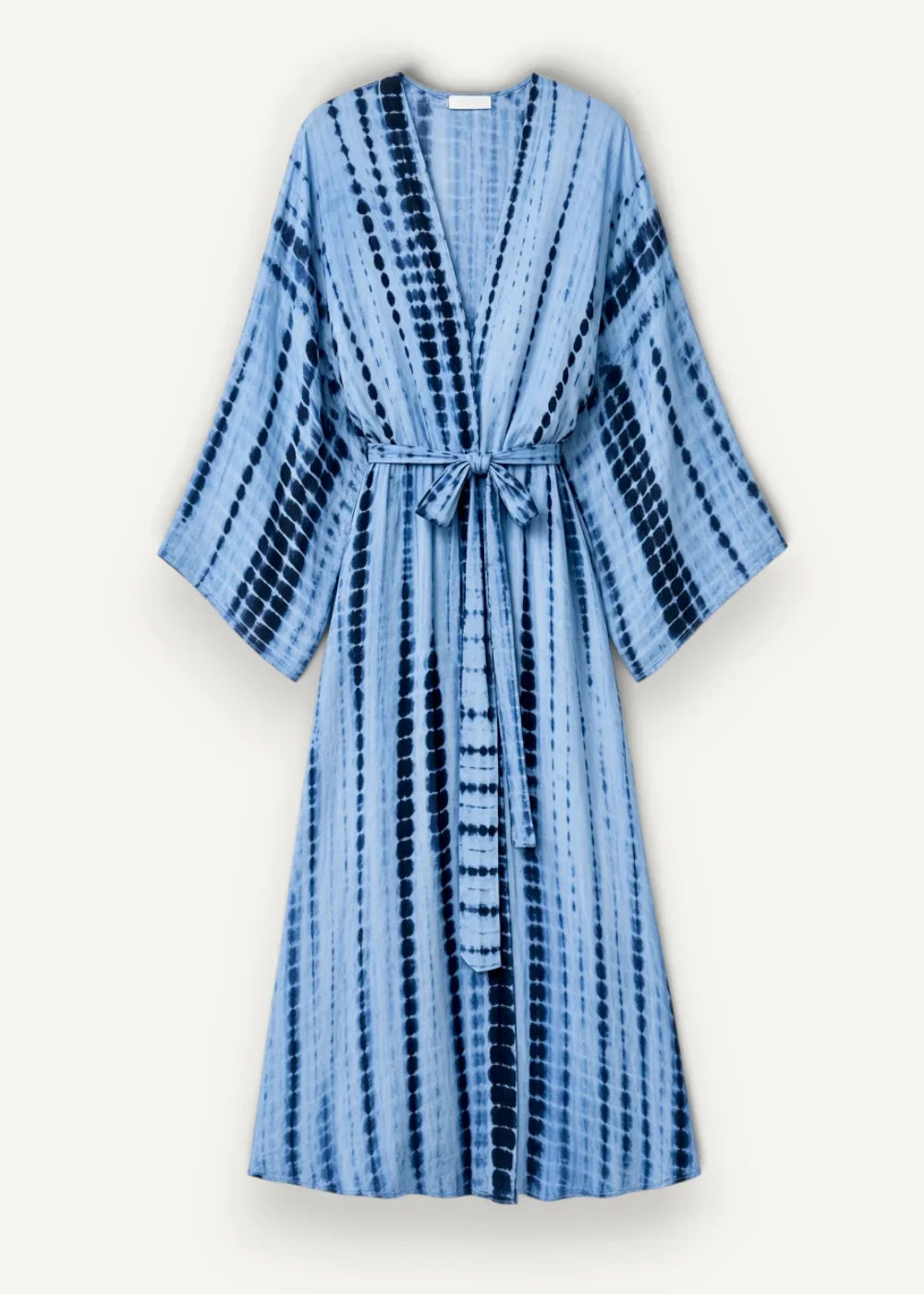 Blue kimono cover up robe in light blue tie dye with v neck three quarter sleeves and self tie belt