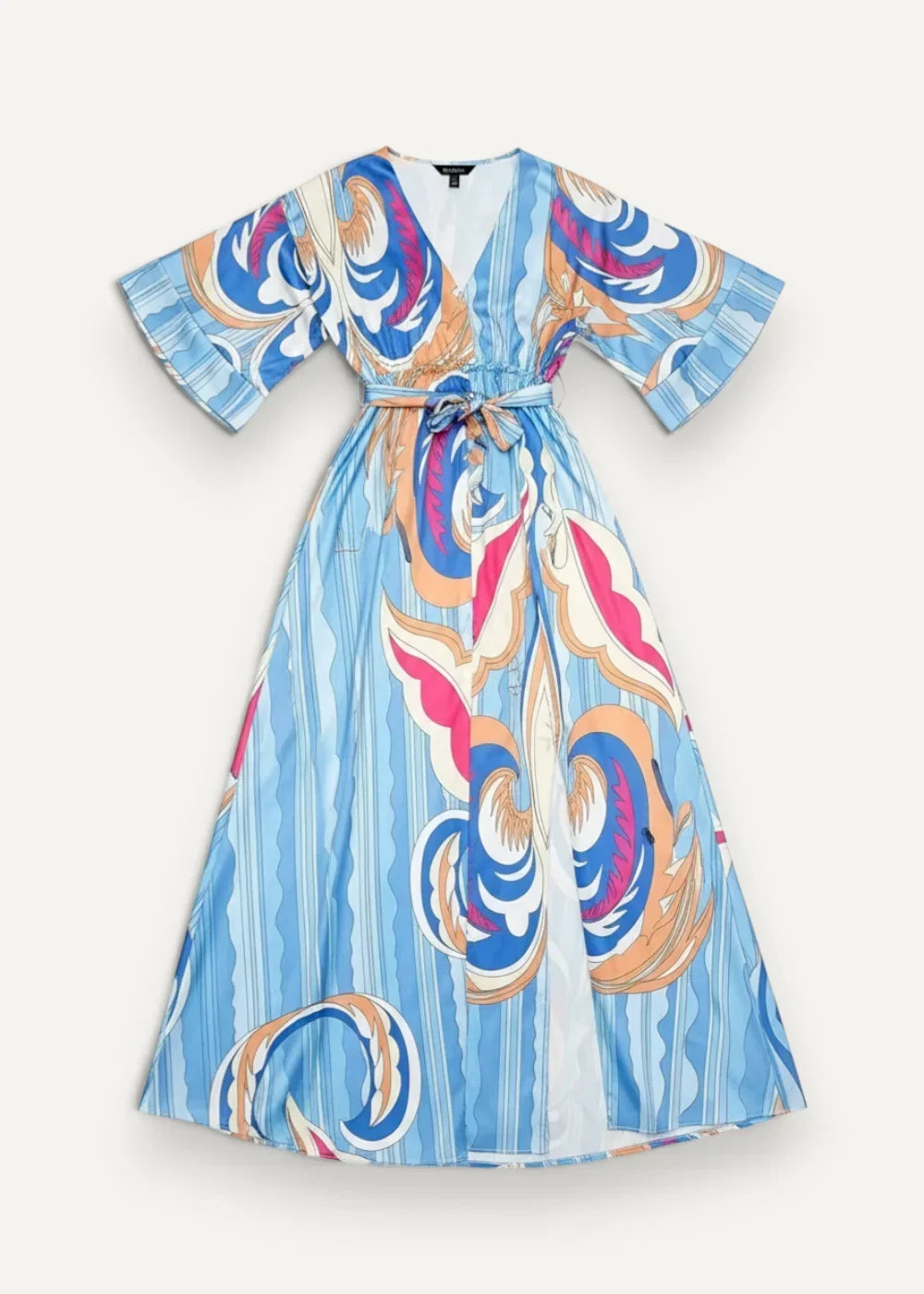 Blue kimono dress with flowing fabric and vibrant swirling pattern in pink orange and white colors