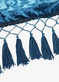 Blue kimono jacket made of deep blue velvet fabric with intricate embroidery and matching tassels along the edge