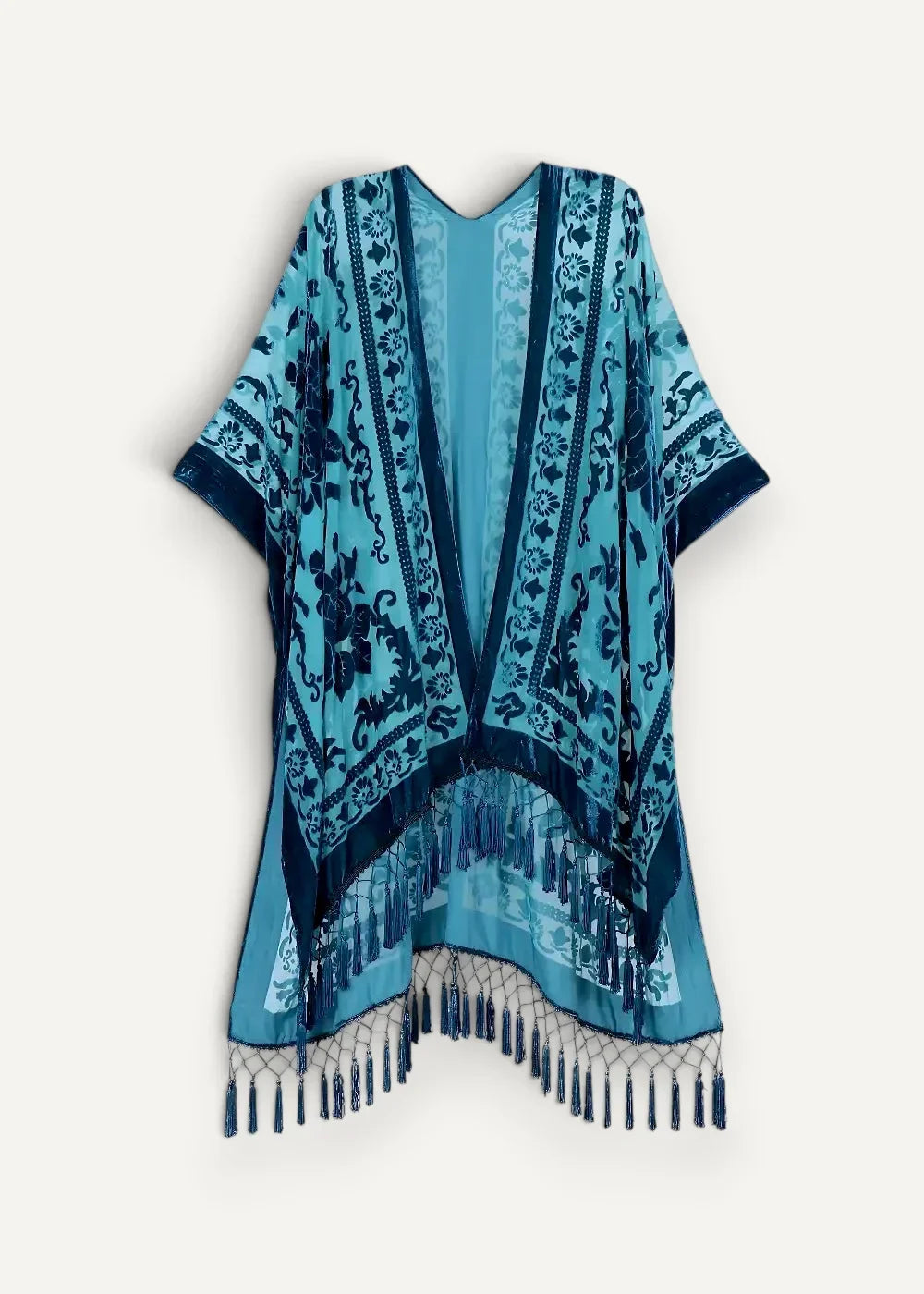Blue kimono jacket with teal and navy floral embroidery and fringe trim on the hem for stylish layering