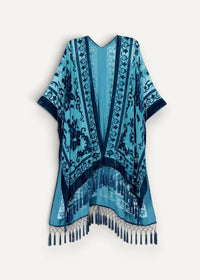 Blue kimono jacket with teal and navy floral embroidery and fringe trim on the hem for stylish layering