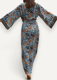 Blue kimono maxi dress with light blue fabric orange and black floral patterns wide sleeves and dark brown lace trim