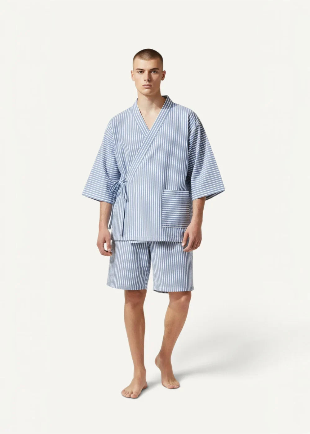Blue kimono pajamas set with light blue and white striped cotton robe featuring wrap front and matching shorts with pockets