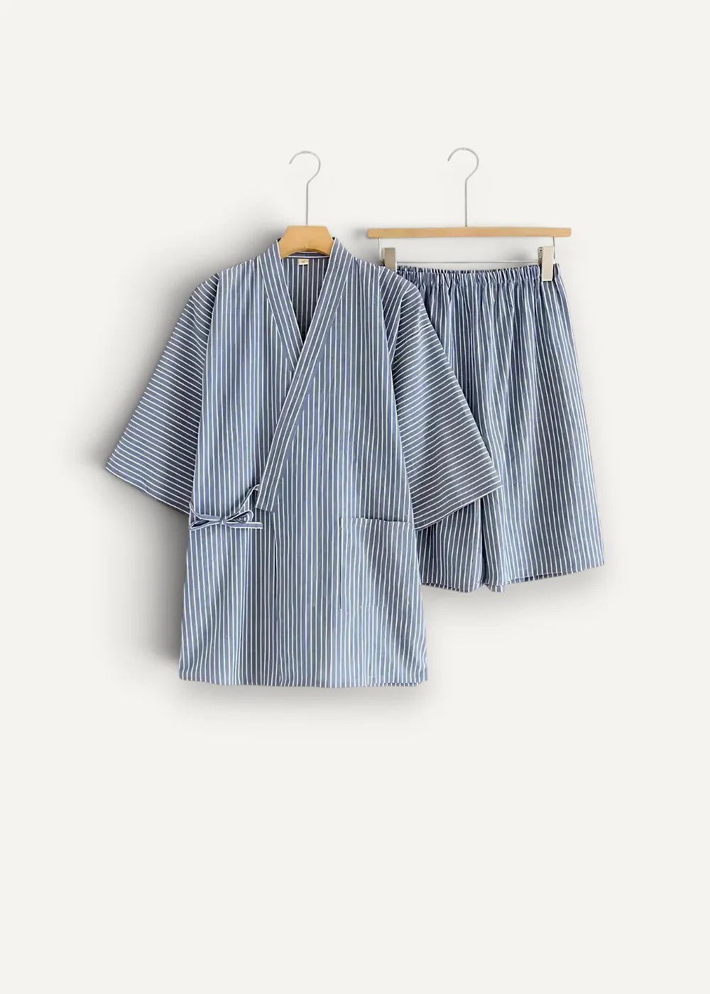 Blue and white striped cotton kimono pajamas with matching shorts perfect for comfortable loungewear