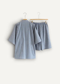 Blue kimono pajamas featuring a blue and white vertically striped cotton short sleeve top and loose fitting shorts