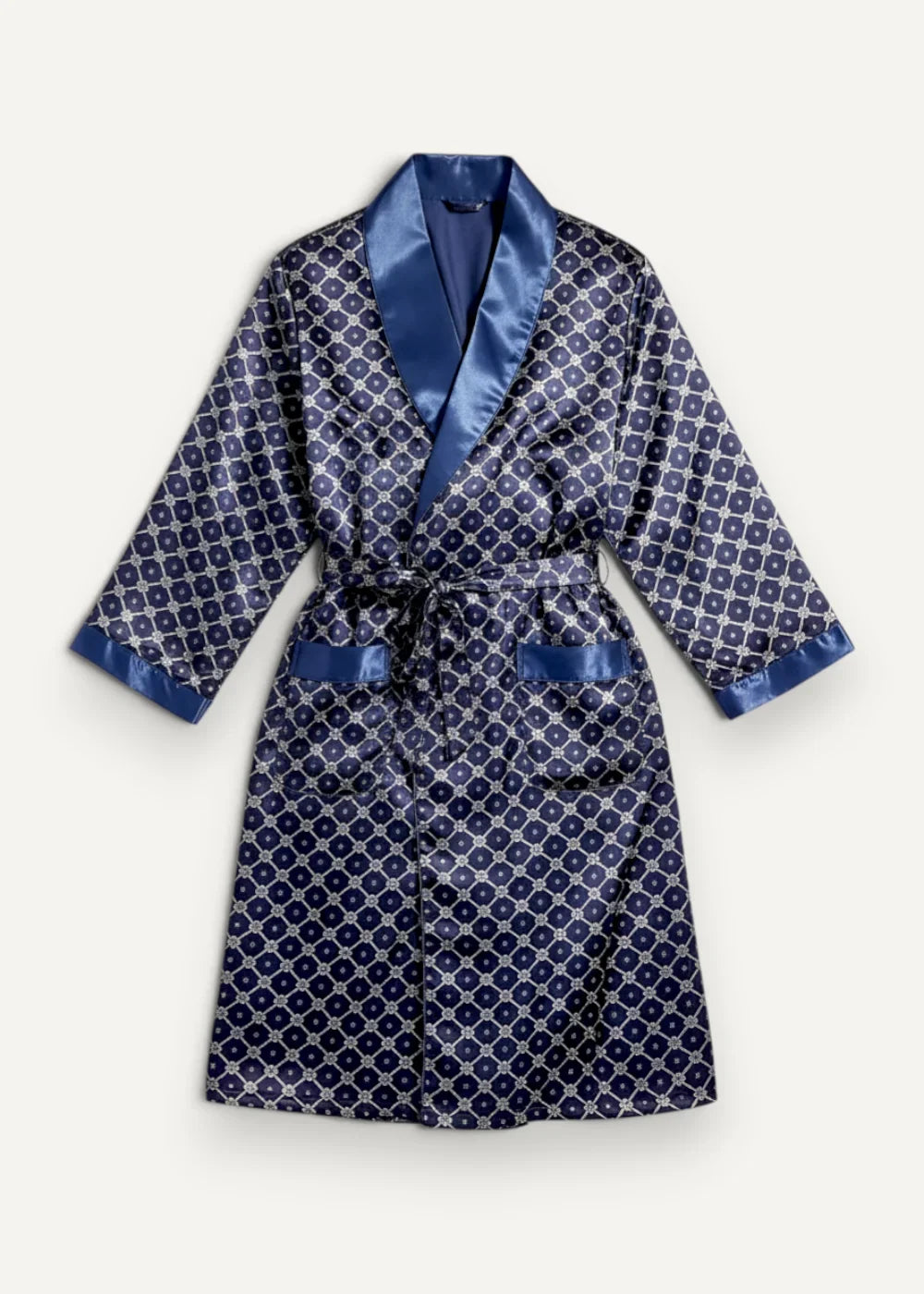 Blue kimono robe made of navy blue satin with geometric pattern and matching satin trim on collar cuffs and waistband