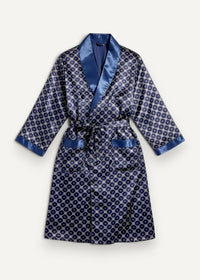 Blue kimono robe made of navy blue satin with geometric pattern and matching satin trim on collar cuffs and waistband