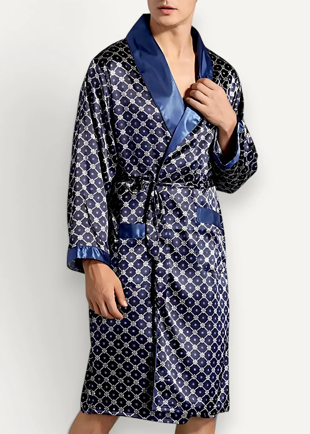 Blue kimono robe made of navy blue satin with lighter geometric pattern and royal blue trim on collar cuffs and belt