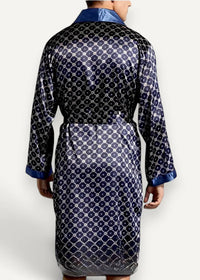 Blue kimono robe in navy blue satin with silver geometric pattern and matching collar cuffs and belt