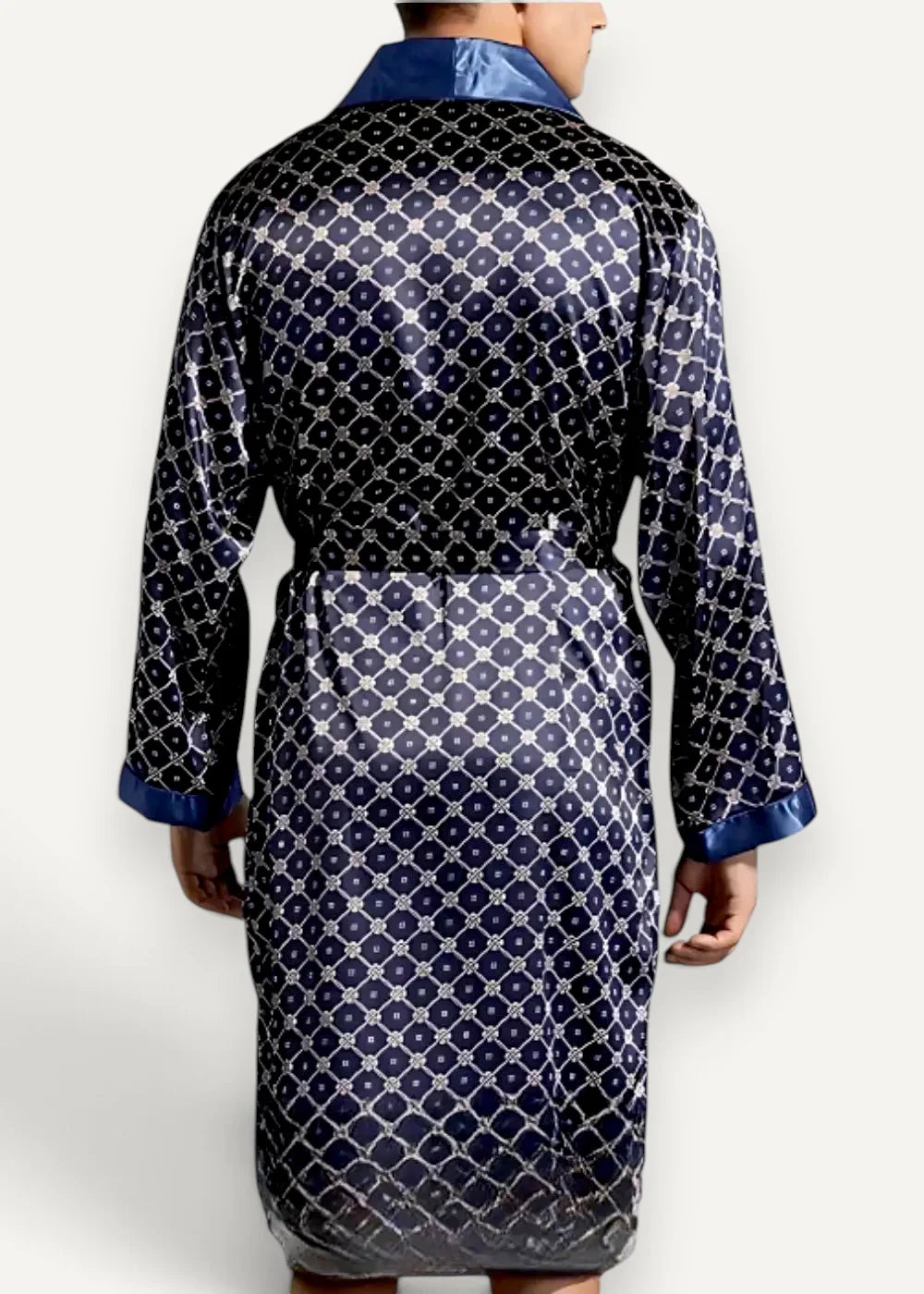 Blue kimono robe in navy blue satin with silver geometric pattern and matching collar cuffs and belt