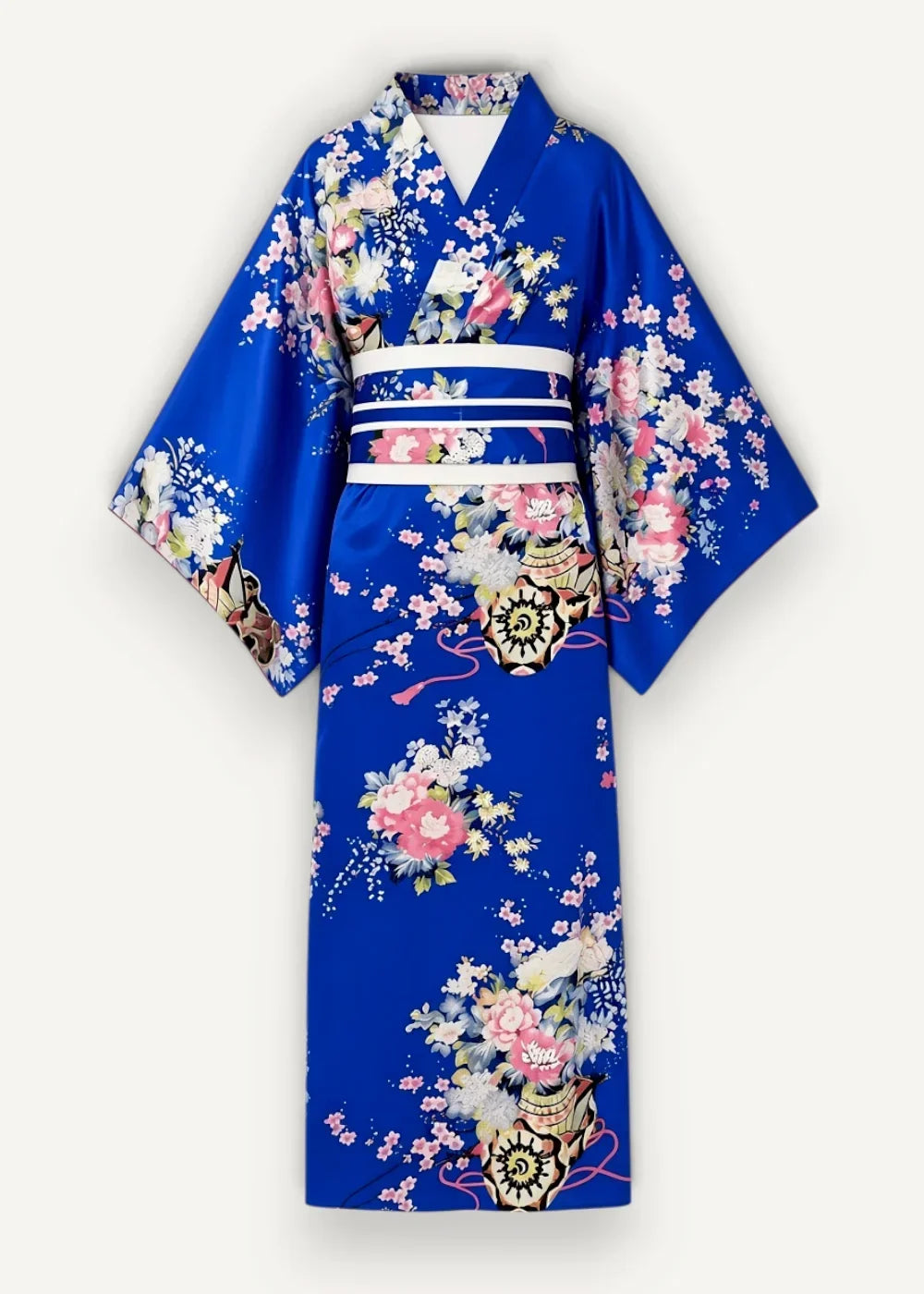 Vibrant royal blue silk kimono with delicate pink and white floral patterns and a crisp white obi belt
