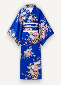 Vibrant royal blue silk kimono with delicate pink and white floral patterns and a crisp white obi belt