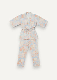 Blue long kimono pajamas set with soft pastel floral pattern on lightweight fabric for comfortable loungewear
