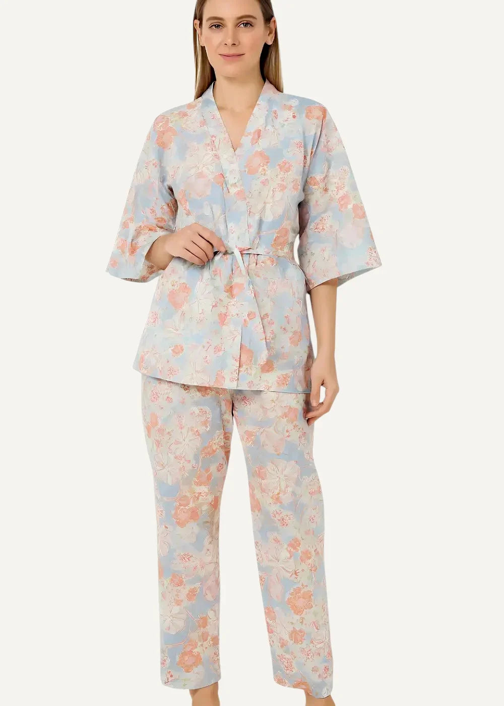 Blue long kimono pajamas soft cotton set with blue and pink floral print belted top and matching pants