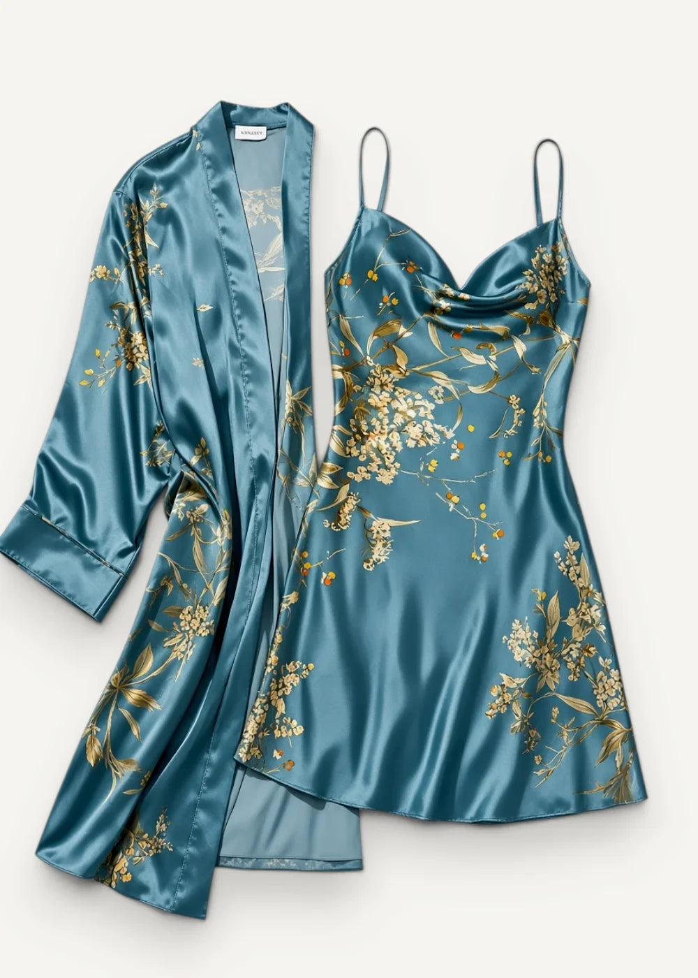 Teal satin robe with gold floral embroidery as part of a blue nightgown and robe set