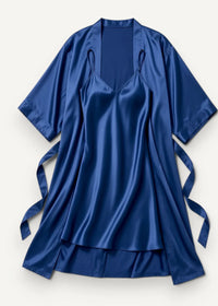 Deep blue satin robe with short sleeves and tie-side ties from a blue satin nightgown and robe set