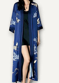 Deep blue satin robe featuring elegant white crane and floral embroidery on silk fabric