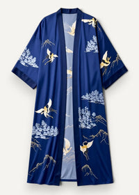 Deep blue satin robe featuring elegant gold and light blue crane and mountain motifs in silk fabric