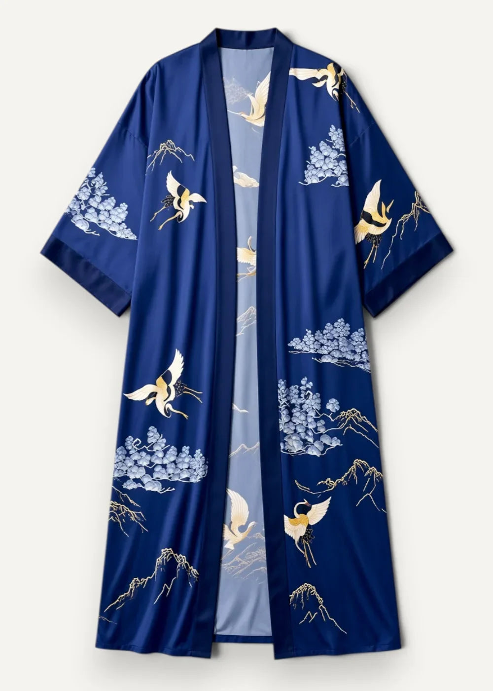 Deep blue satin robe featuring elegant gold and light blue crane and mountain motifs in silk fabric