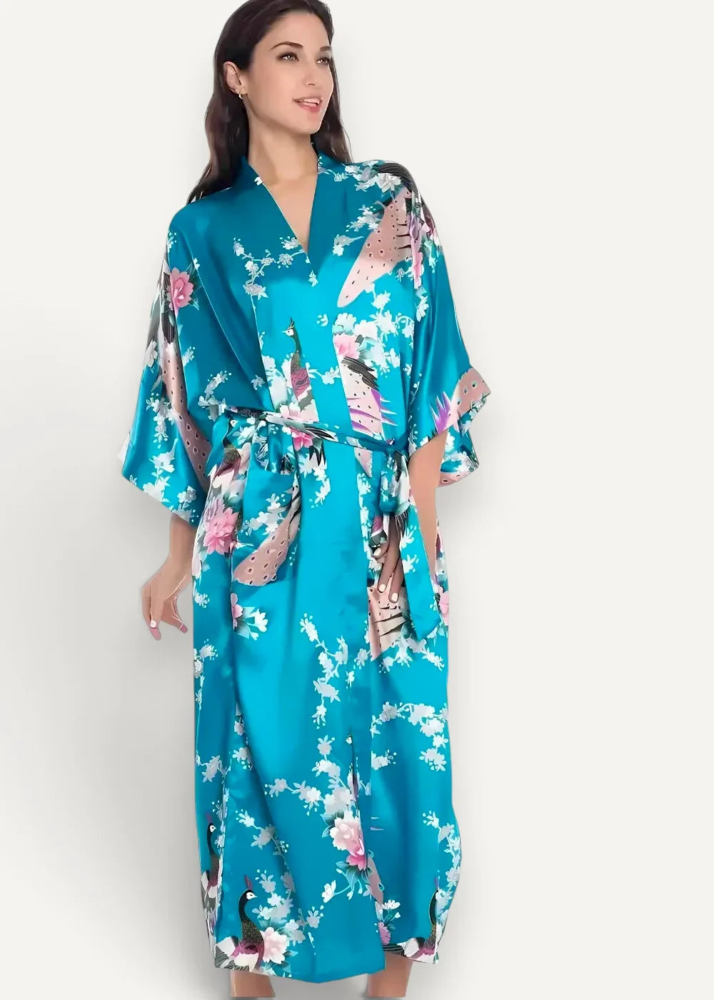 Blue satin robe long in vibrant turquoise satin with pink peonies white blossoms and elegant bird pattern