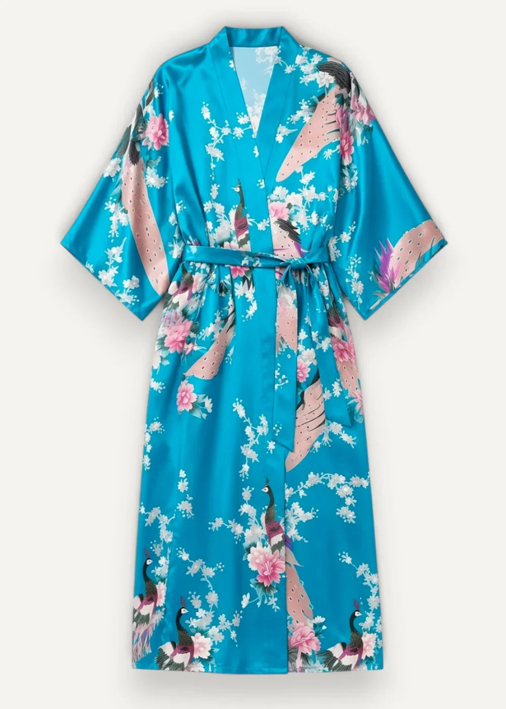 A vibrant turquoise satin robe long featuring a delicate pattern of pink peacocks and blossoms