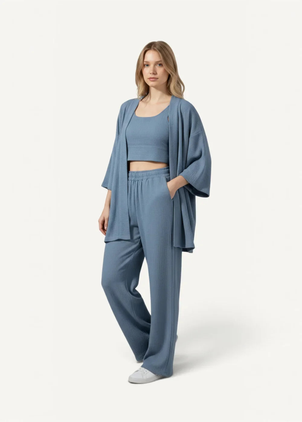 Blue short kimono pajamas featuring a soft muted blue loungewear set with flowing jacket and wide-leg pants