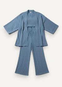 Blue short kimono pajamas loungewear set with soft blue textured fabric loose fitting top and wide leg pants