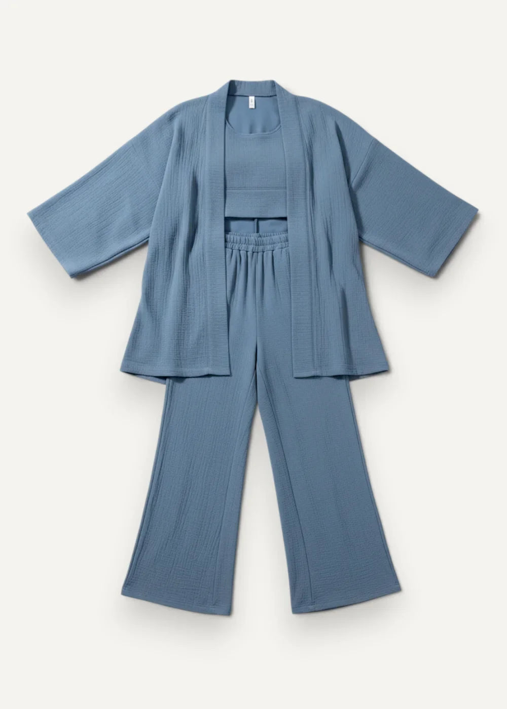 Blue short kimono pajamas loungewear set with soft blue textured fabric loose fitting top and wide leg pants