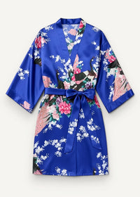 Blue silk robe in royal blue satin with floral and peacock pattern featuring pink blossoms and black pink birds