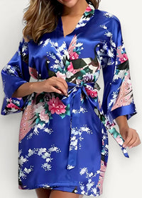 Blue silk robe made of royal blue satin with detailed pink white green and black floral and bird patterns