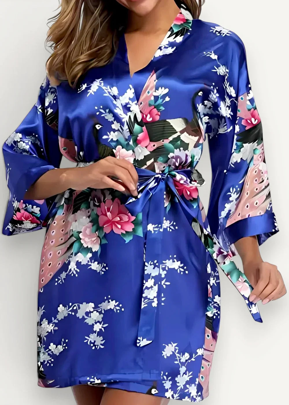 Blue silk robe made of royal blue satin with detailed pink white green and black floral and bird patterns