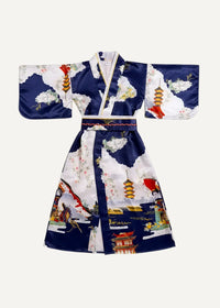 Blue yukata navy blue and white silk kimono dress with traditional japanese motifs including pagodas cherry blossoms and a geisha