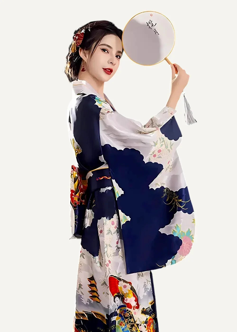 A woman wearing a navy and white blue yukata with intricate floral embroidery and traditional japanese motifs