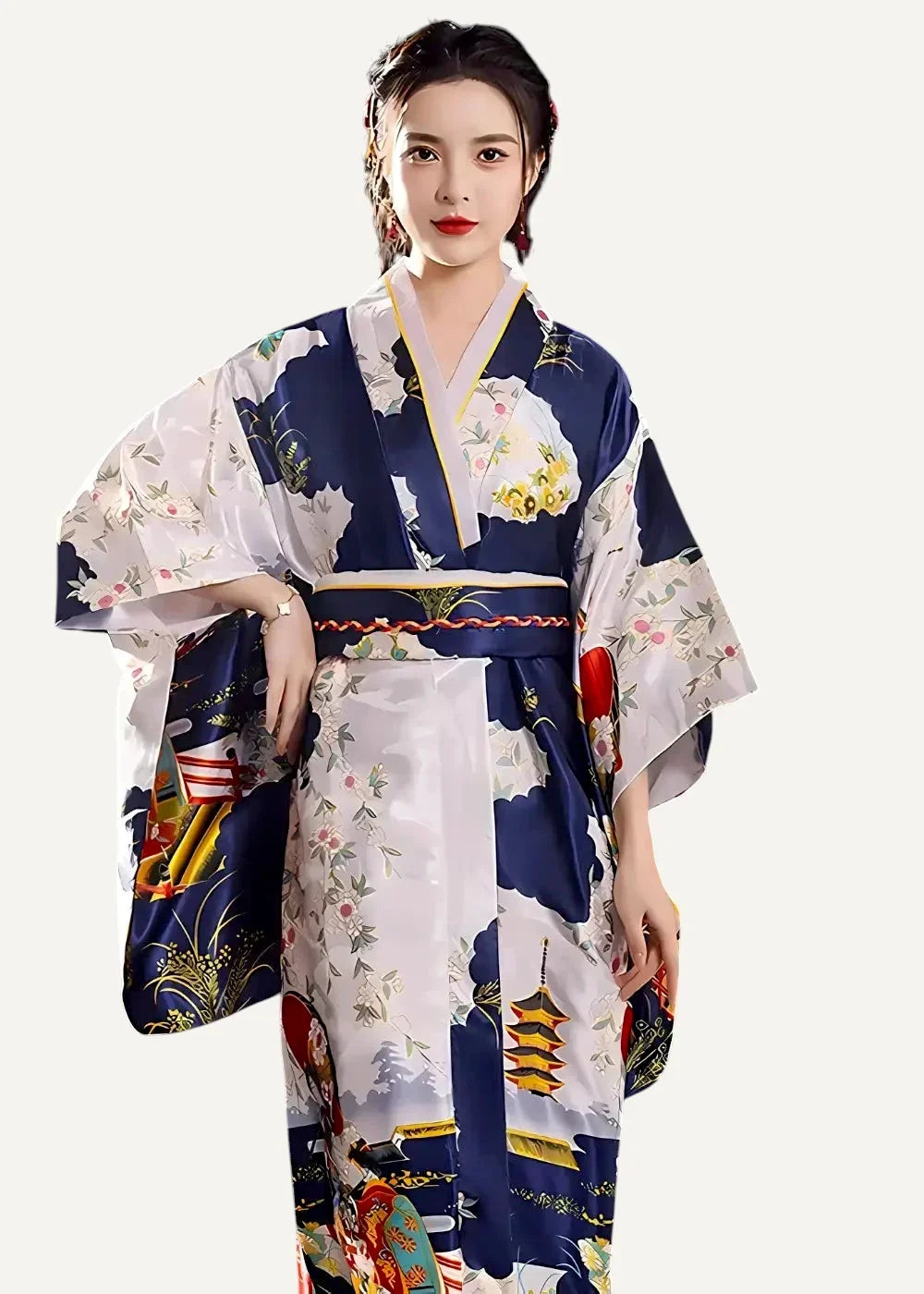 A woman wearing a navy blue and white silk blue yukata with intricate floral pagoda and traditional japanese motifs