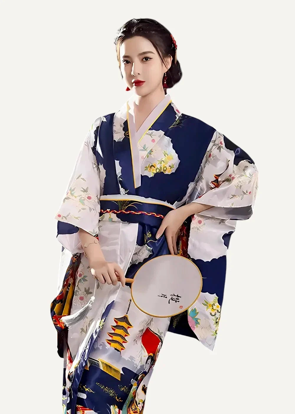 A woman wears a navy blue and white silk blue yukata with floral and pagoda patterns holding a round fan
