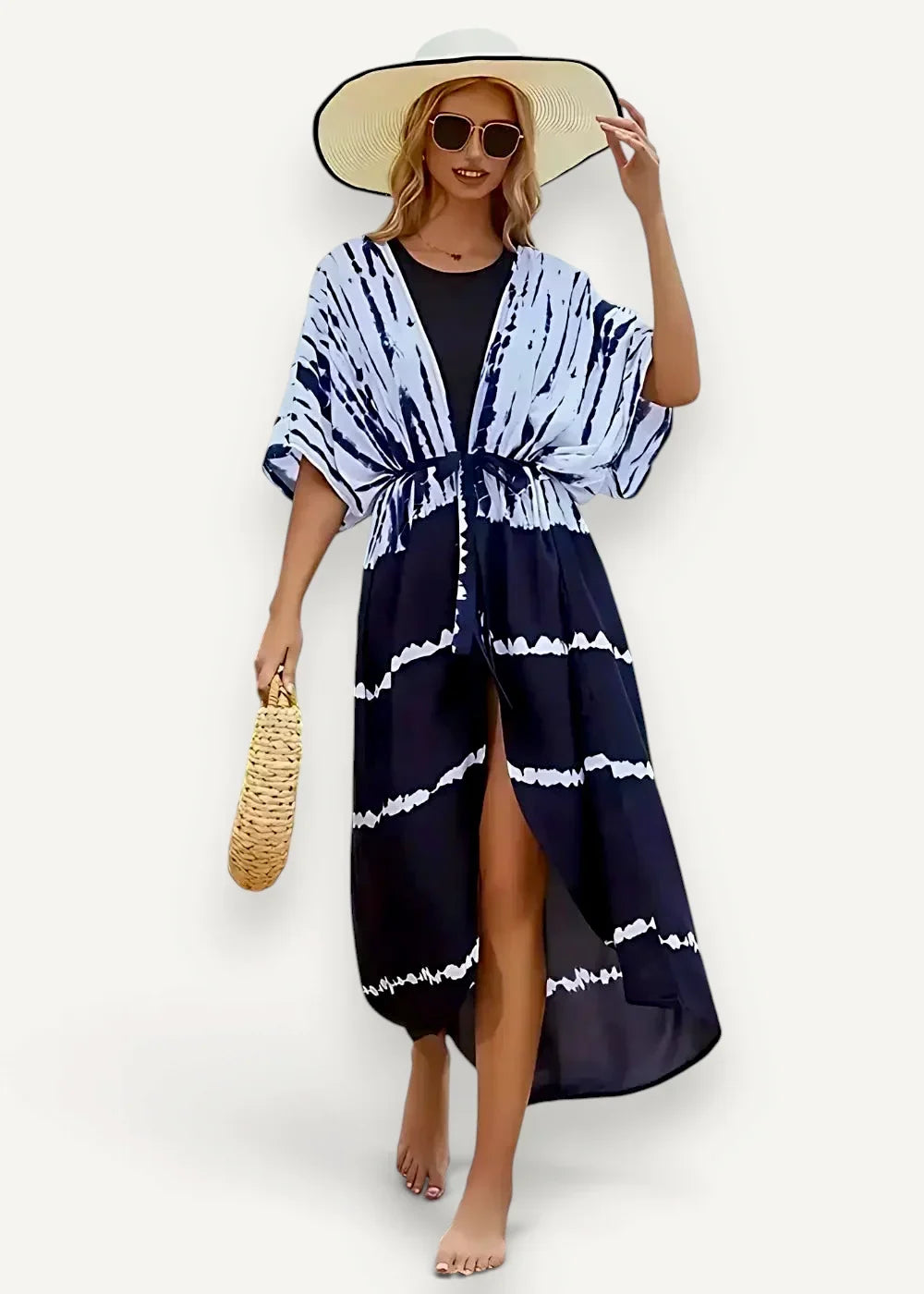 Boho beach kimono navy and white tie-dye cover-up with flowing open-front design perfect for the beach