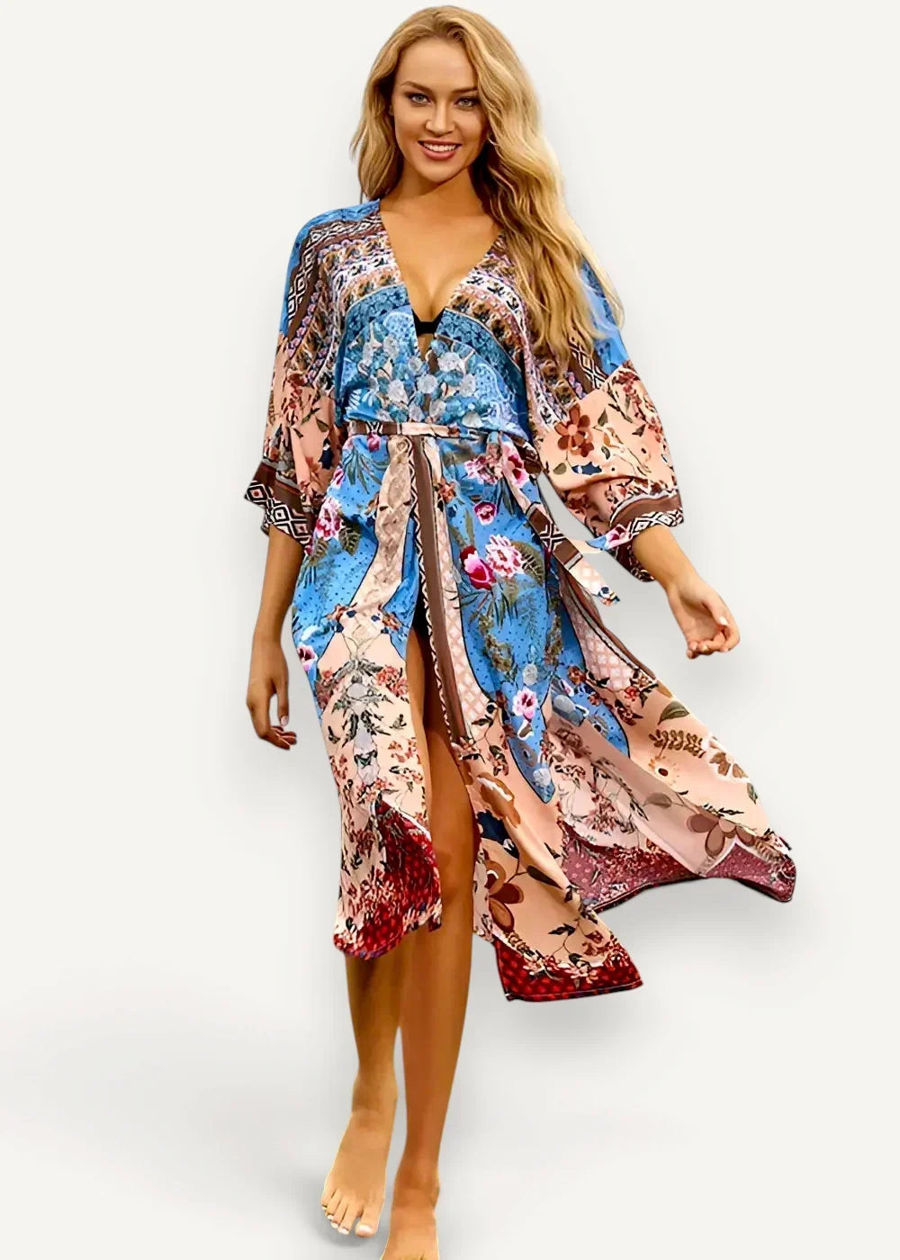 Boho floral kimono flowing long-sleeved robe with vibrant blue pink and red floral pattern v-neckline and matching belt
