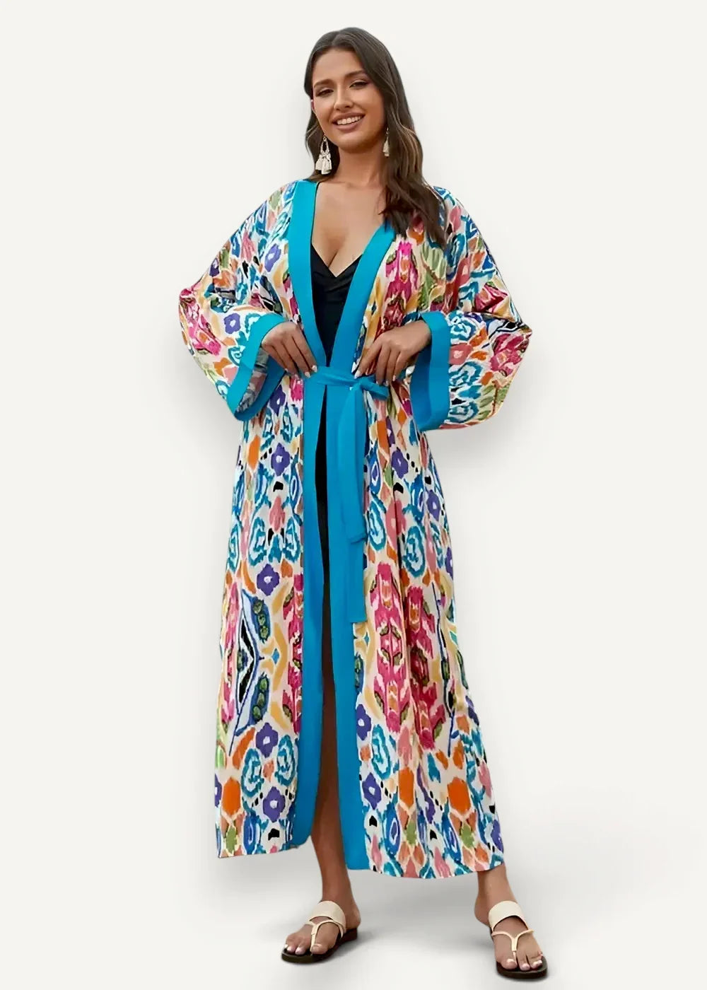 Boho kimono cover up with vibrant long sleeves multicolored ikat pattern and bright turquoise trim