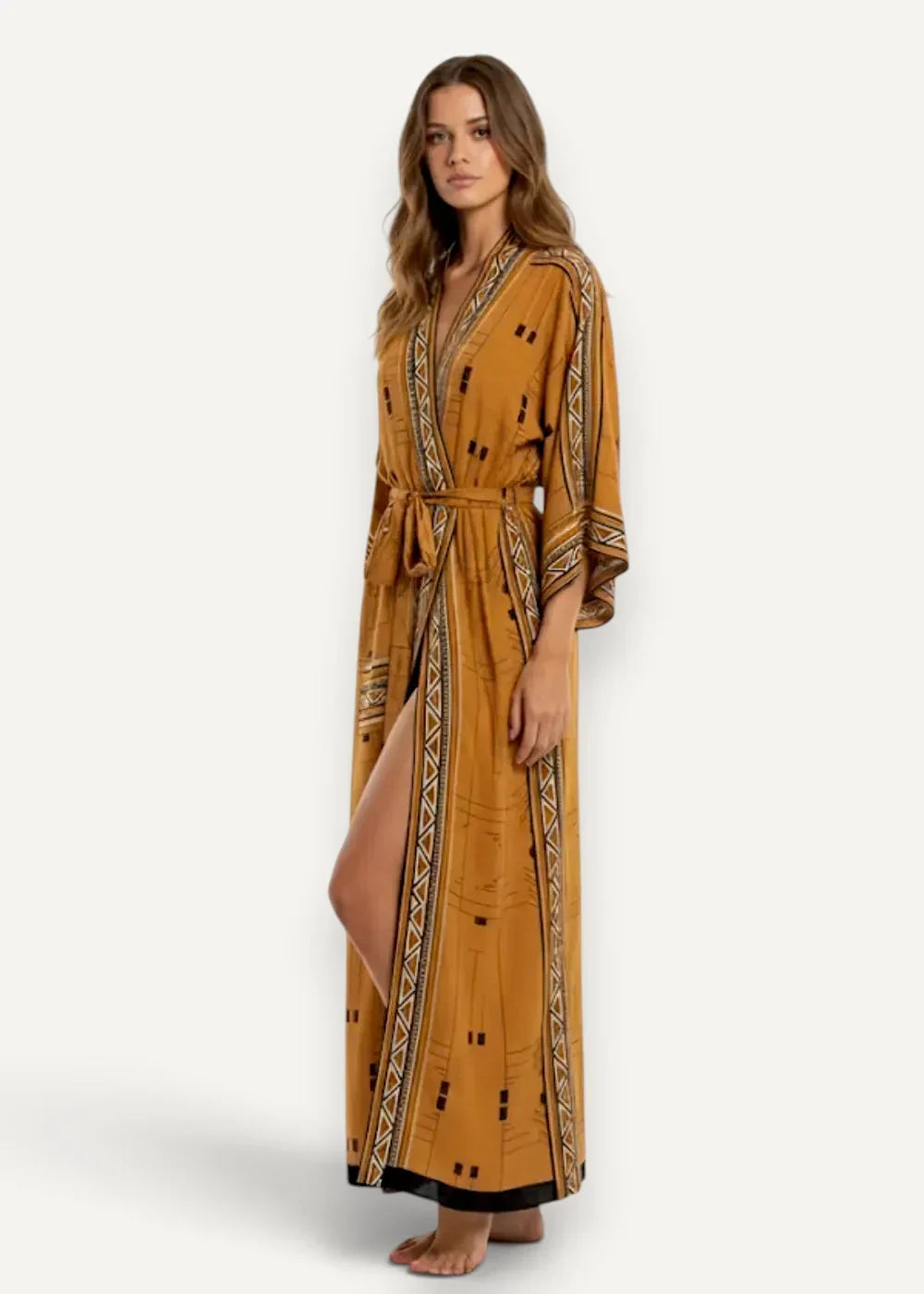 Boho kimono dress flowing mustard-yellow wrap with geometric tribal patterns v-neck side slit and matching belt
