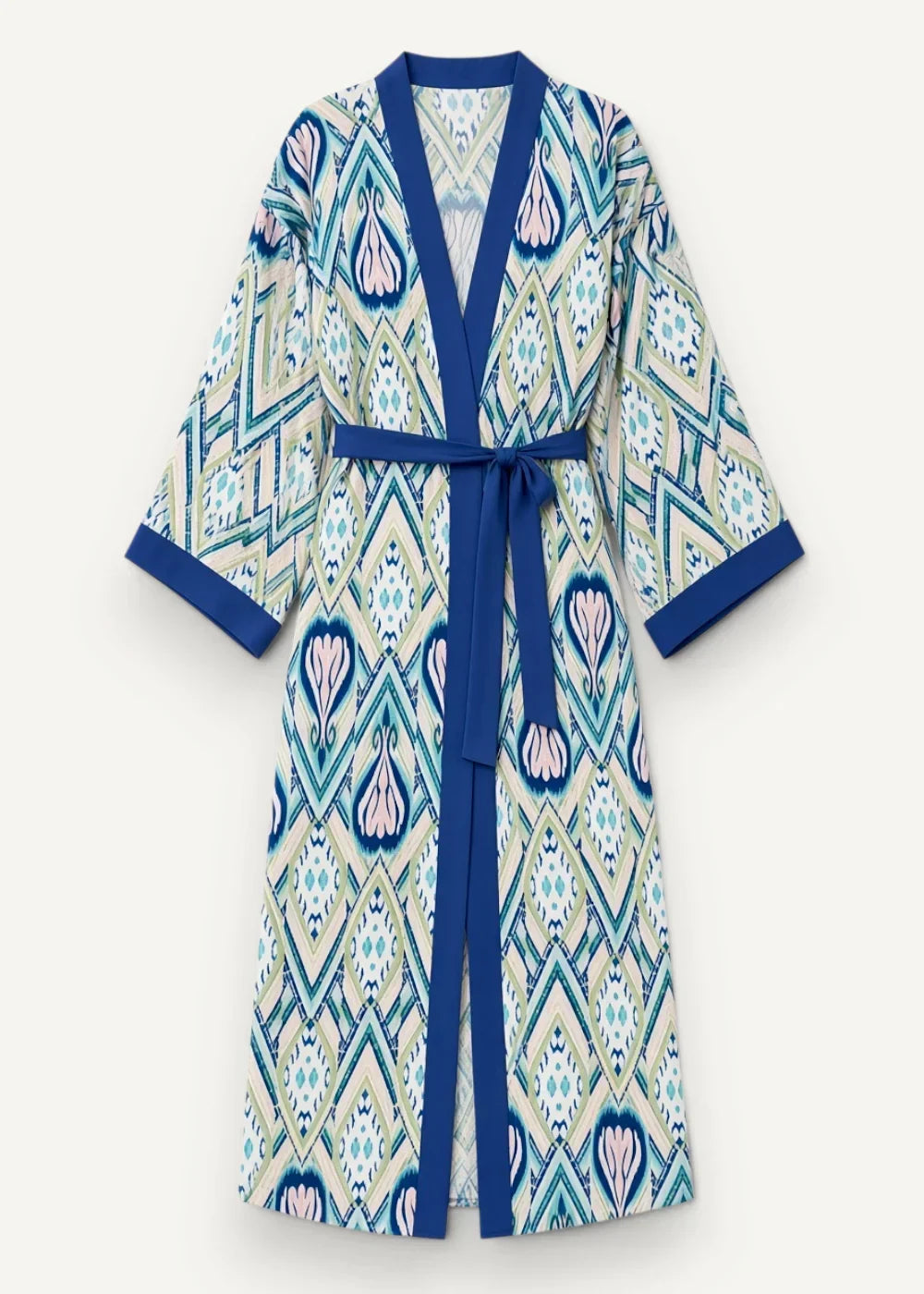 Women’s long-sleeved boho kimono duster with blue teal cream and pink geometric floral pattern and navy trim
