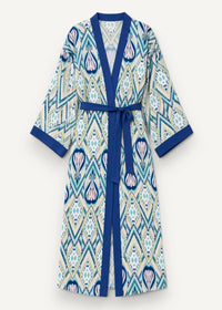 Women’s long-sleeved boho kimono duster with blue teal cream and pink geometric floral pattern and navy trim